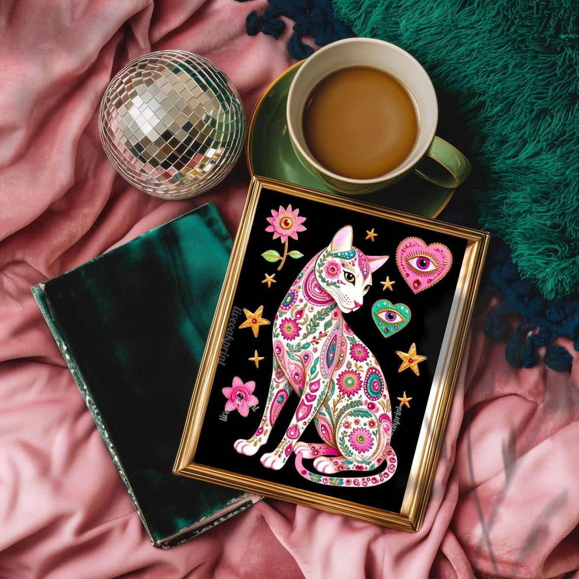 Sacred Heart Cat Wall Art Print White Folk Art Ideas Pink Black Funky Nature Inspired Living Room Decor