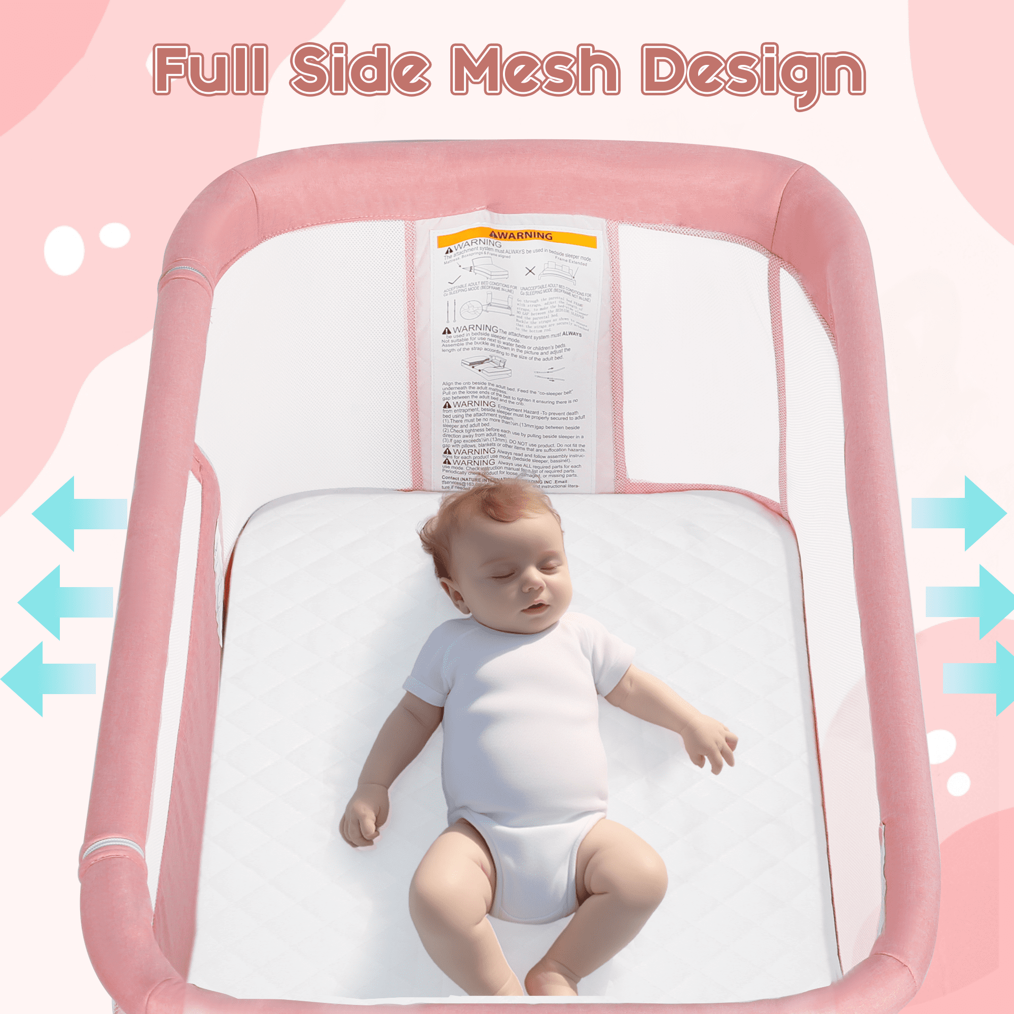 LINLUX Adjustable Baby Bassinet, Bedside Bassinet for Babies, Portable Newborn Bedside Crib, Pink