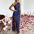 thumbnail image 4 of Women's One Shoulder Ruched Satin Maxi Dress, Solid High Side Slit Slimming Flowy Midi Long Date Night Dress Navy L(L), 4 of 6