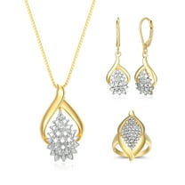 Forever Facets Three Piece Set of Diamond Accent Yellow Gold over Sterling Silver Open Waterfall Earrings, Pendant and Ring, Adult Female