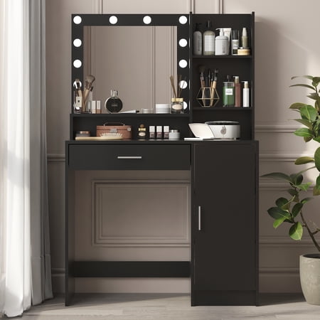 Palimder Vanity Desk with Mirror & Light, Large Drawer & Three Level Storage Dresser, 3 Lighting Modes Adjustable Brightness, Bedroom Dressing Table (Black)