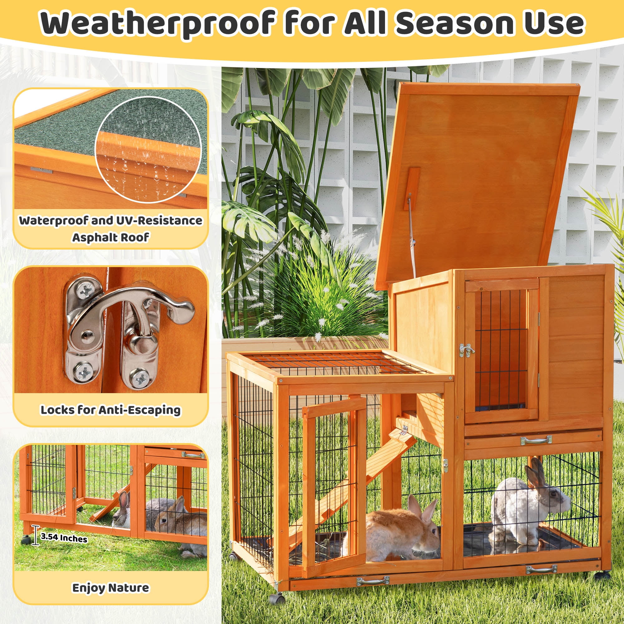 COZIWOW Wooden Rabbit Hutch Hamster Habitat Bunny House Outdoor w/ 4 Casters 2 Cleaning Trays