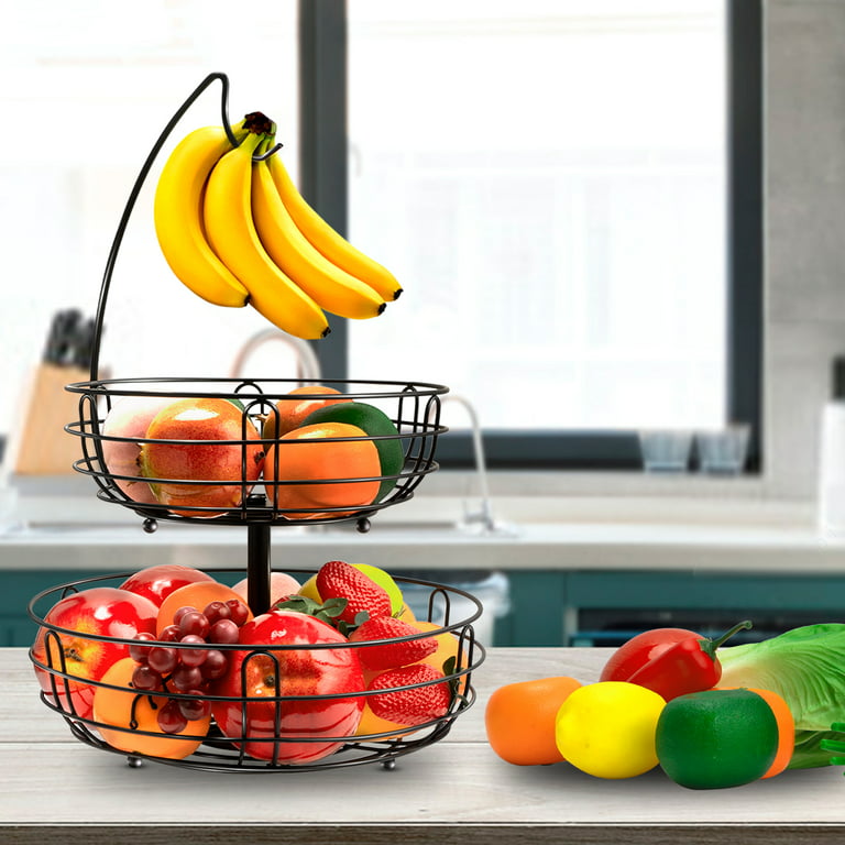 Auledio Houseware 2-Tier Metal Fruit Basket with Detachable Banana Hanger  for Kitchen Counter, Black