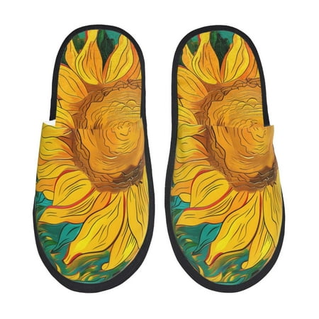 Balery Vibrant Sunflower Painting Slient Indoor Furry Fleece Comfort House Shoes Soft Non-Slip Home Shoes Cotton slippers House Slippers-- Medium