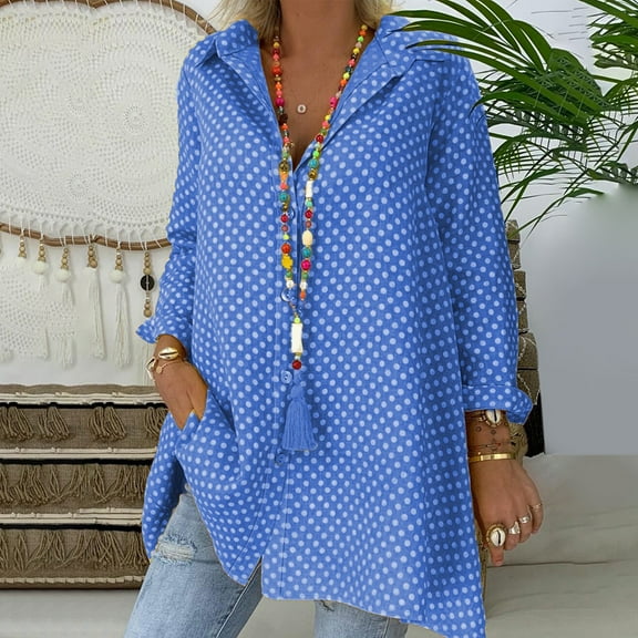 DondPO Long Sleeve Shirts for Women Plus Size Tops Shirt Top Vintage Collar Long Dots Polka Women Shirt Sleeve Blouse Women Shirts Womens Tops Business Casual Tops Blue L