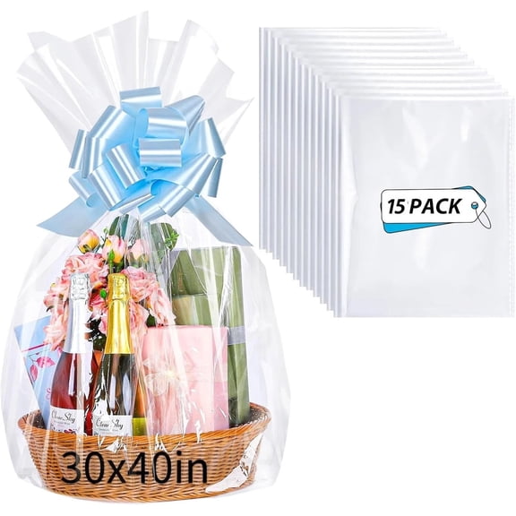15 Pcs Large Cellophane Bags 30x40 inch Cellophane Wrap Clear Gift Bags for Gift Baskets