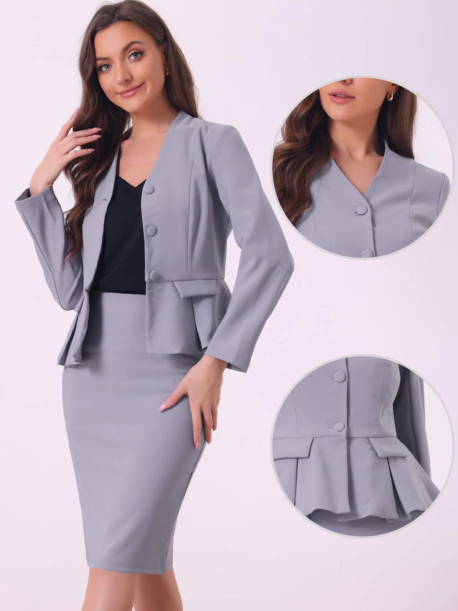 DARING DIVA Women's Collarless Peplum Blazer Sheath Skirts 2 Pcs Suit Set XL Gray Purple