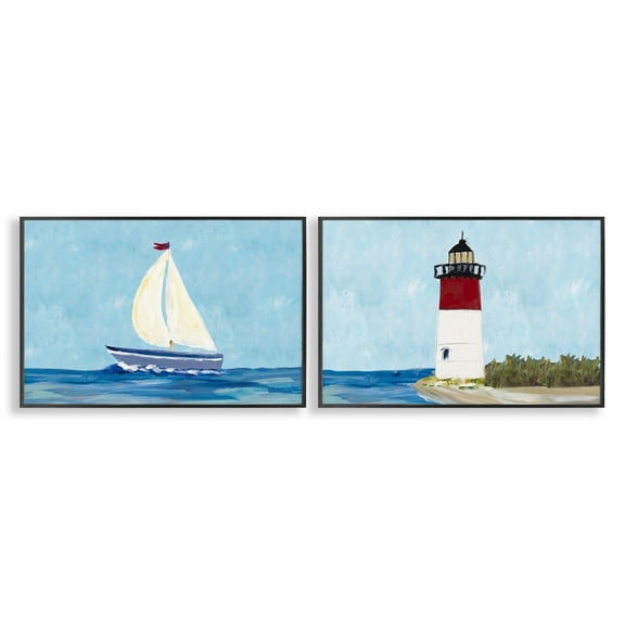 Stupell Industries Nautical Sail the Sea Lighthouse Nautical & Beach Painting Black Framed Art Print Wall Art, 18 x 12, Set of 2