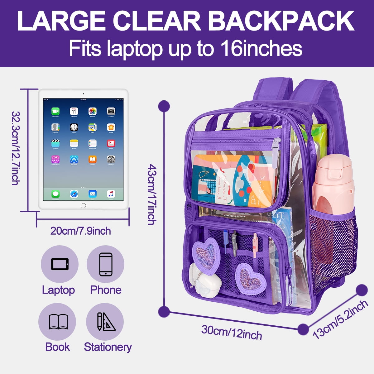 DAKIMOE Clear Backpack Heavy Duty Stadium Approved School Cute Transparent Backpacks Clear Bag Travel