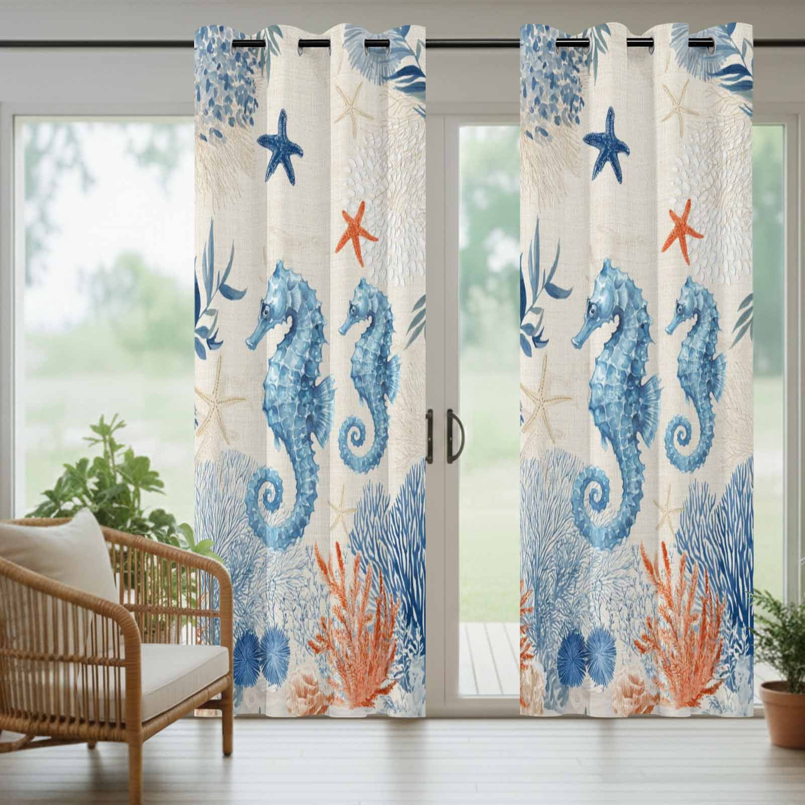 Sea Corals Seahorse Outdoor Curtains for Patio, Summer Beach Sea Stars Linen Texture Sunshade Privacy Drapes Grommet Waterproof Outside Curtains for Porch/Cabana/Balcony 54"x 108", 1 Panel
