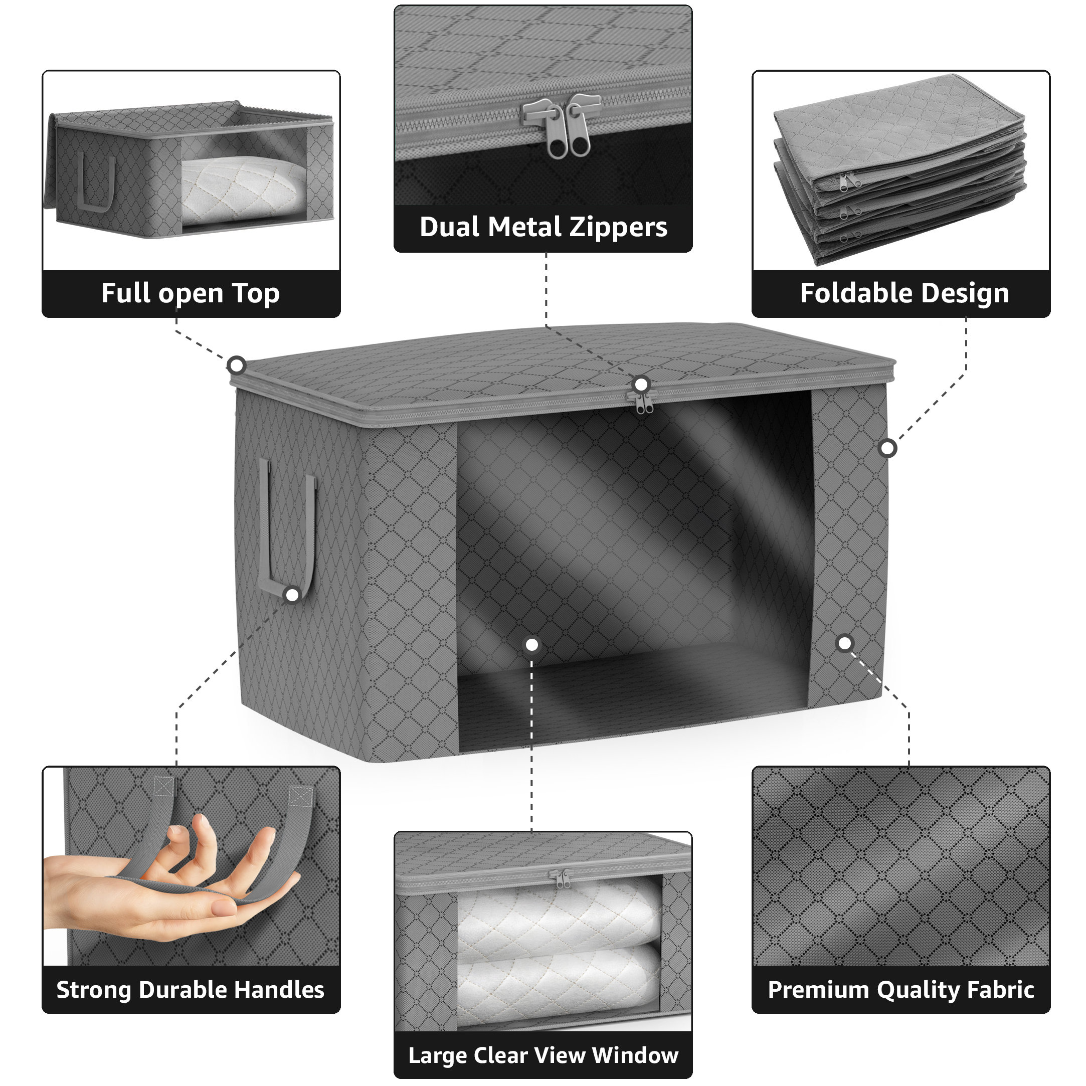 Sorbus Foldable Storage Bag Organizers with Clear Window & Handles, Gray, 6 Pack
