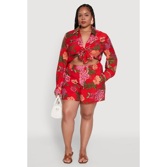 Womens Plus Size Floral High Waisted Pull On Shorts