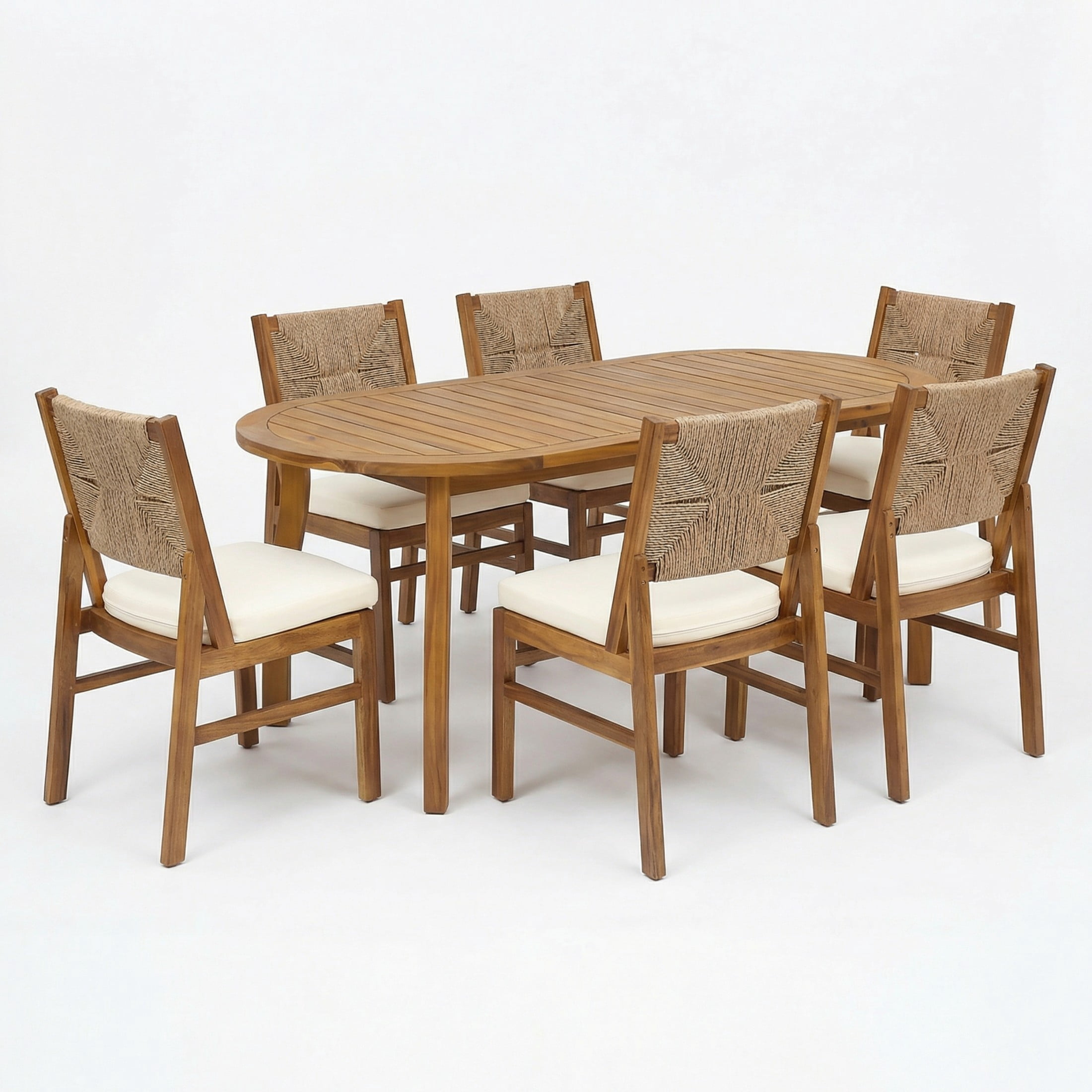 Christopher Knight Home 7-Piece Outdoor Dining Set with Oval Table and Wicker Chairs, Cream Cushions