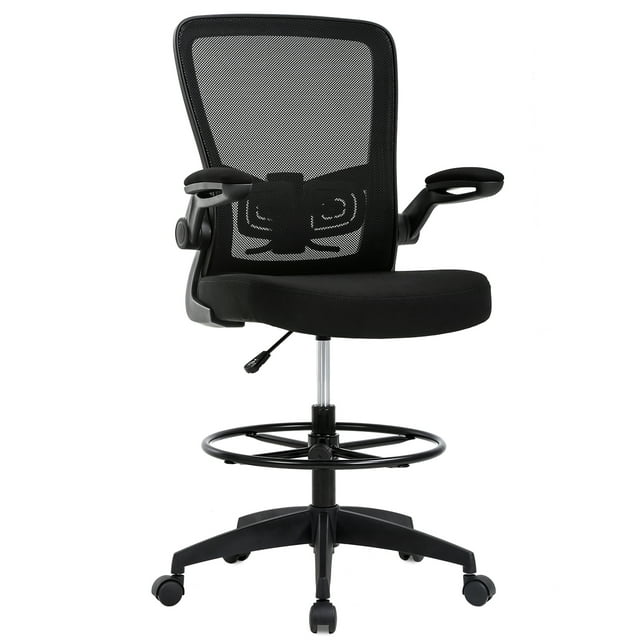 BestOffice Drafting Chair Tall Adjustable Height, Lumbar Support Flip Up Arms Footrest Mid Back Task Mesh Drafting Stool for Standing, Black