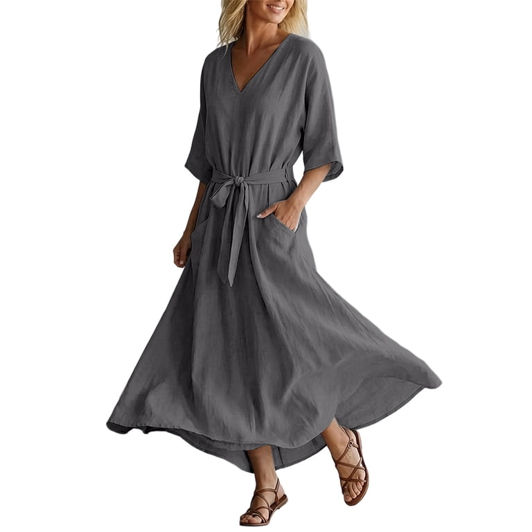 boho dresses xl Uscallm Women Plus Size V Neck 3/4 Sleeve Tie Flowy Maxi Dress Casual Basic Long Travel Dresses, Navy 3XL 48 Hip free Length Style:AP1E212790 Western Dress Birthday Party Color:aqua/navy ombre