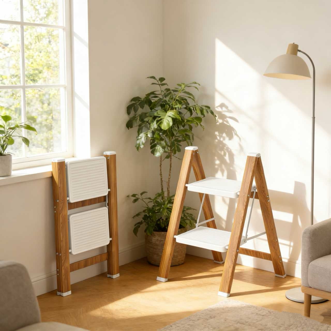 Levlad 2 Step Ladder Folding Stool with 330 lbs Capacity, Wood Grain Step Stool with Anti-Slip Wide Pedals, Large Rubber Feet