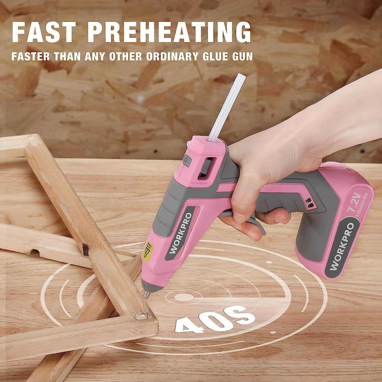WORKPRO Pink Cordless Hot Melt Glue Gun, 7.2V Rechargeable Fast Preheating Glue Gun Kit with 20 Pc Premium Mini Glue Stick, Automatic-Power-Off Hot Glue Gun for Art, Craft, Decoration - Pink Ribbon