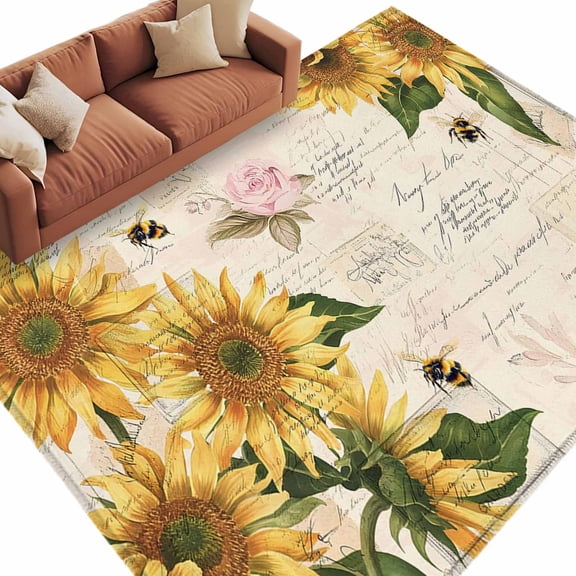 5x7 Area Rugs for Living Room, Sunflower Non Slip Area Rugs for Kitchen Bedroom Entryway, Farmhouse Floral Bee Brown Vintage Pink Yellow Washable Carpet Runner Rug Floor Mats for Bedroom Home Decor