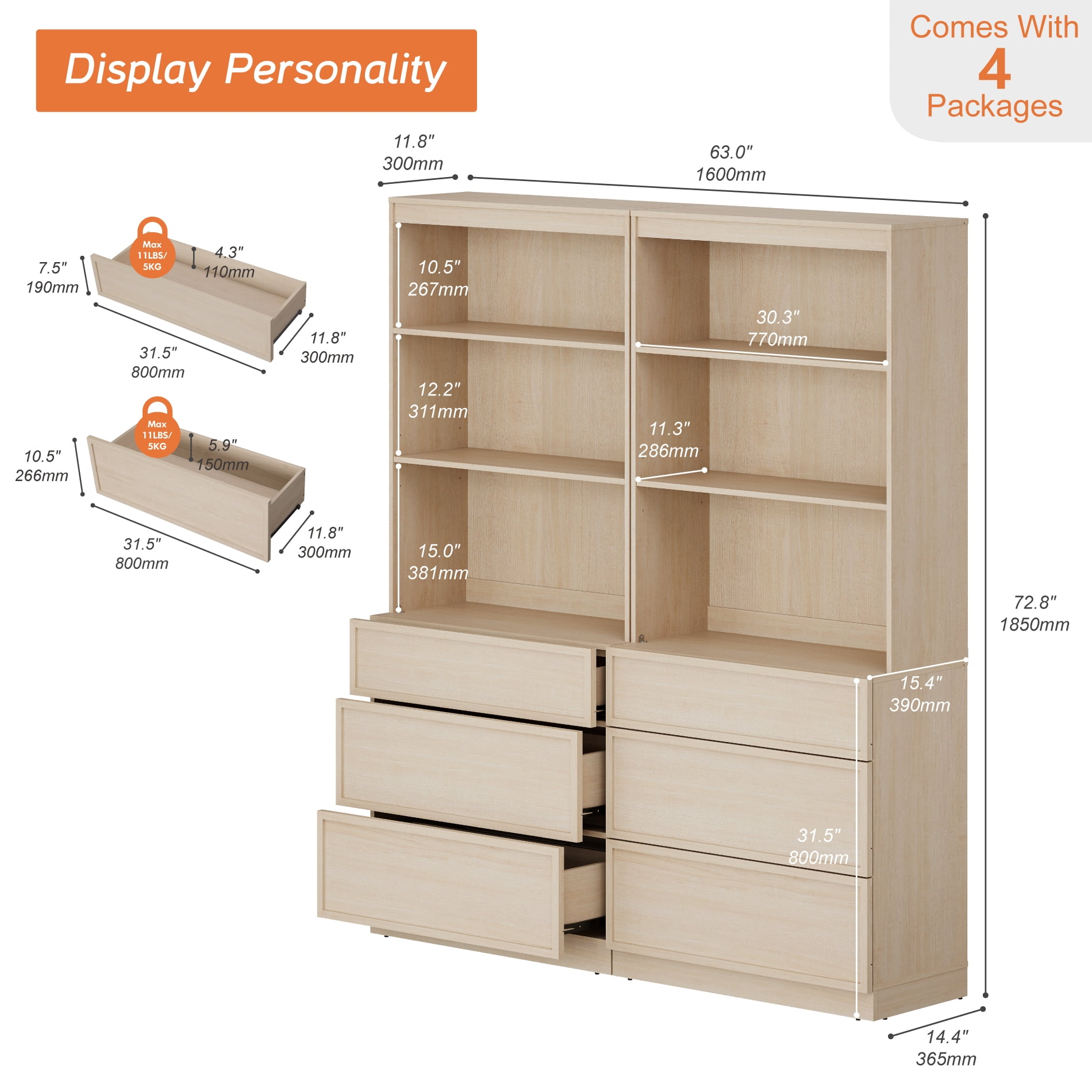 Modern 72" Tall 63" Wide Wood Sideboard Buffet with 6 Drawers & Open Shelves for Dining Kitchen,Beige