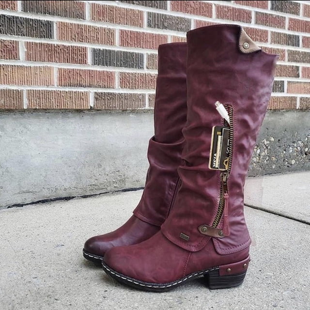 Botas de montar de vaquero a la moda para mujer, zapatos informales cálidos de tacón medio, botas de tubo medio Wmkox8yii sdhk135
