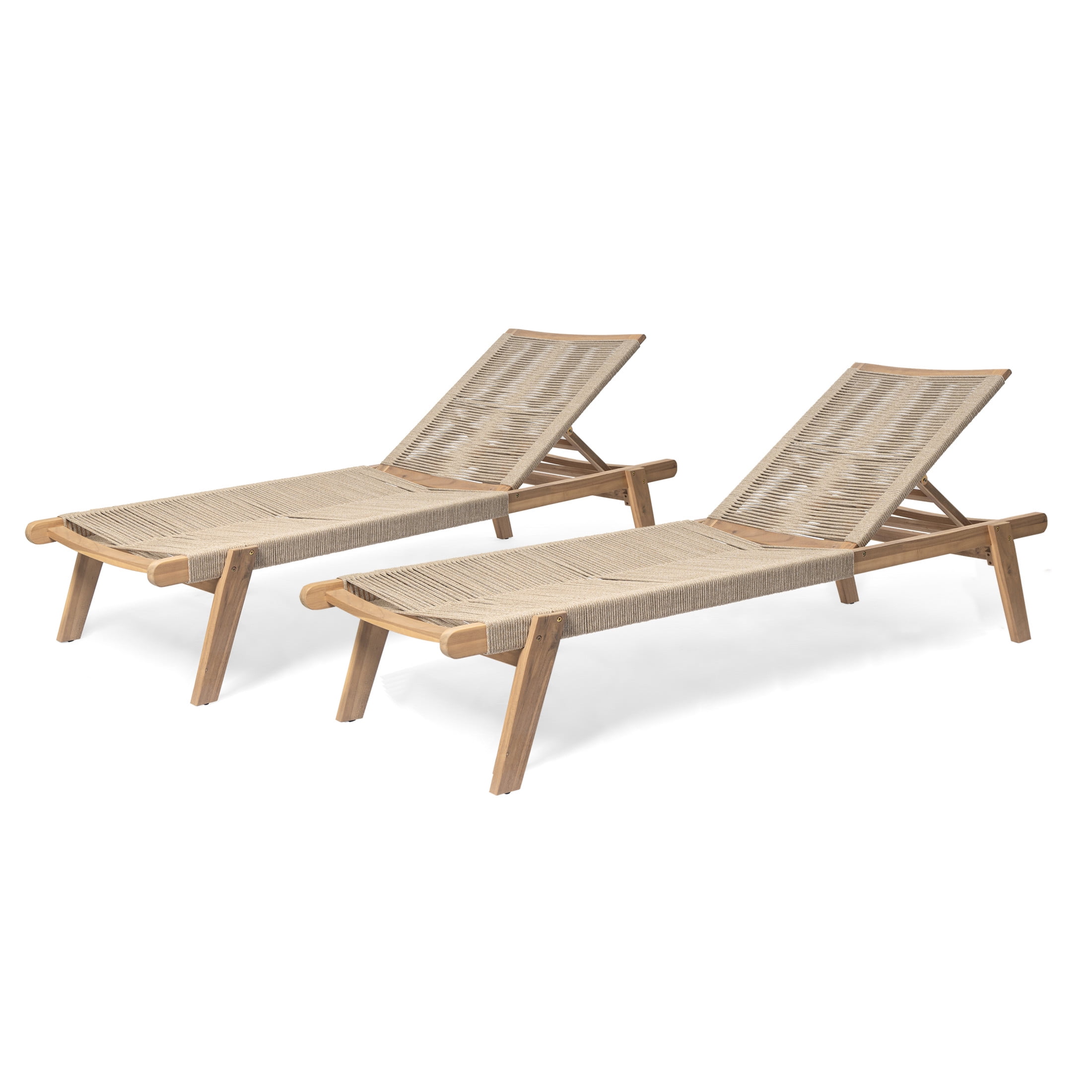 Lurelle Outdoor Braided Rope Chaise Lounge, Adjustable Back Rest, Acacia Wood, Beige + Teak, Set of 2
