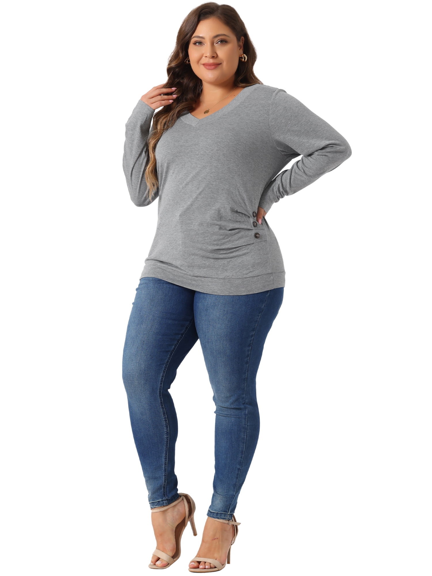 DARING DIVA Women's Plus Buttons Decor Ruched Casual Blouses 3X Grey