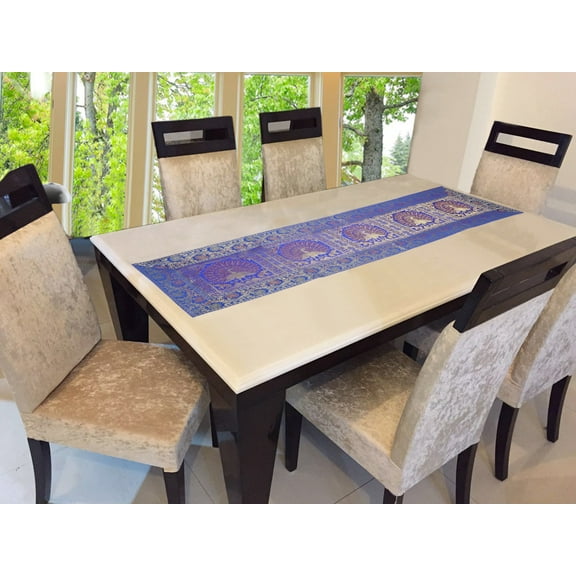 Stylo Culture Indian Dining Room Table Runner Dark Blue Gold Dancing Peacock Floral Brocade Jacquard Rectangle Home Decor Bohemian Dining Table Cloth | 60x16 Inches ( 152 x 40 cm)
