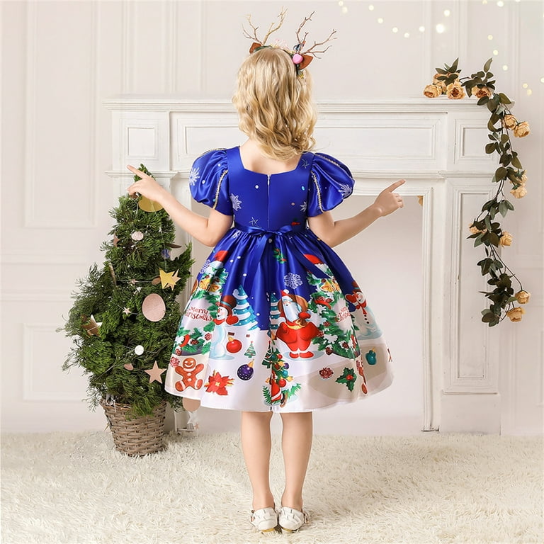 HAWEE Christmas Party Princess Long Dresses for Girls Cute Cartoon Santa  Claus Snowflake Dress Frocks