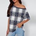 thumbnail image 2 of Htigea Off Shoulder Tops for Women Plaid Short Sleeve Shirt Casual Loose Fit Blouse Summer Tunic Tops for Holiday Party Blue L, 2 of 6