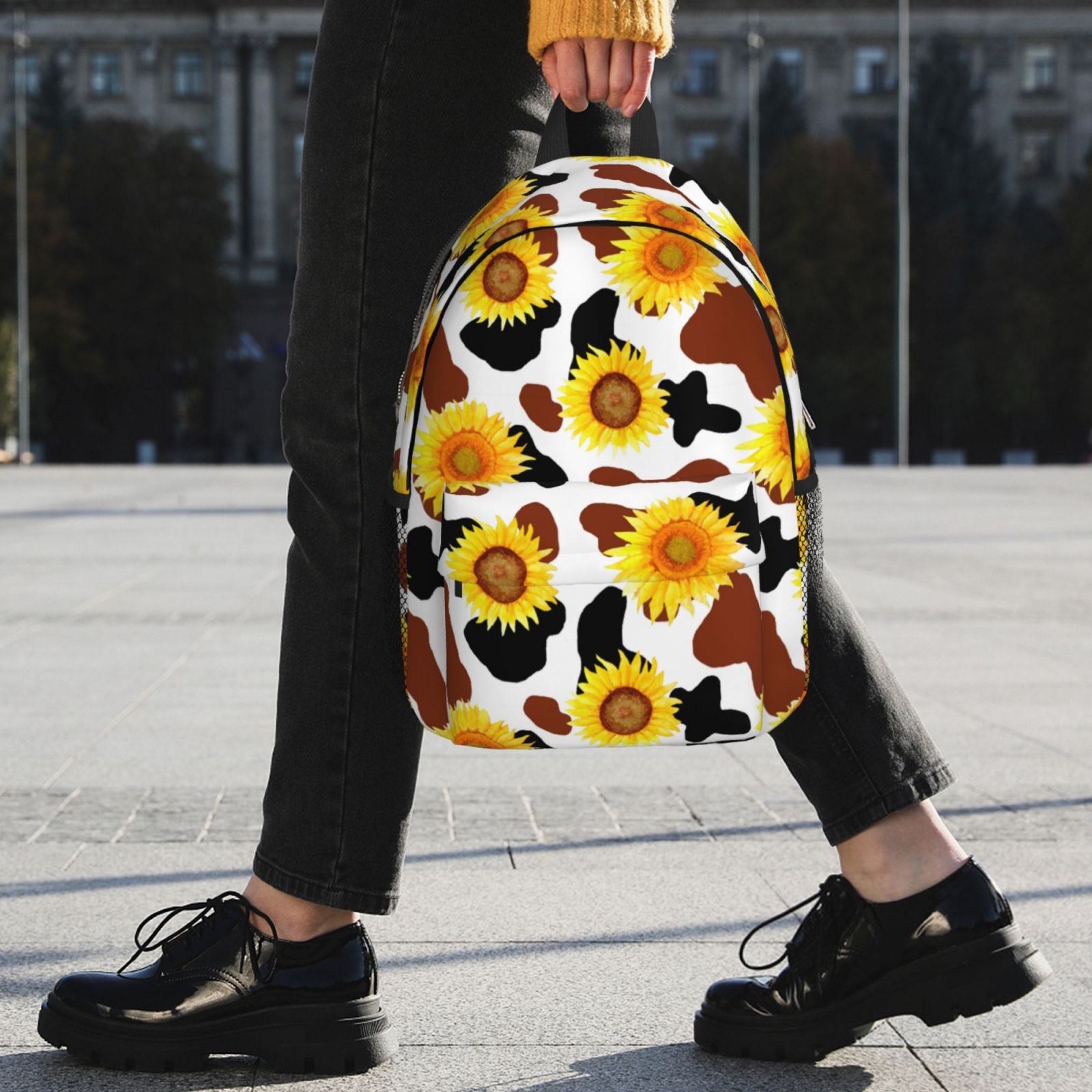 Rateoe Cow Print Sunflower Pattern Student Backpack Water-resistant Backpack 15-inch Laptop Backpack Lightweight Adjustable School Backpack