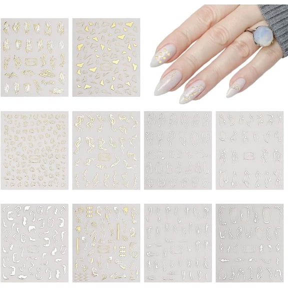 10 Sheets 10 Style Gold Stamping Wave French French Tips Nail Stickers Nail Decals Mixed Patterns 0.15~2.2x0.3~1.75cm