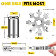 Universal Socket + Snowflake Multitool Gifts for Men Dad - 2 Pack, Socket Set with Power Drill Adapter Cool Stuff, Super Universal Socket Grip Gadgets for Men, Tool for Men Women Husband (Sliver)
