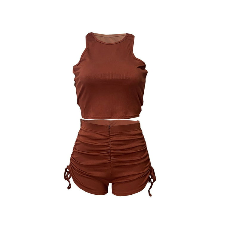 Workout Sets for Women, Two Piece Outfits Sleeveless Slim Crop Tops and  Loose Shorts Casual Sweatsuits
