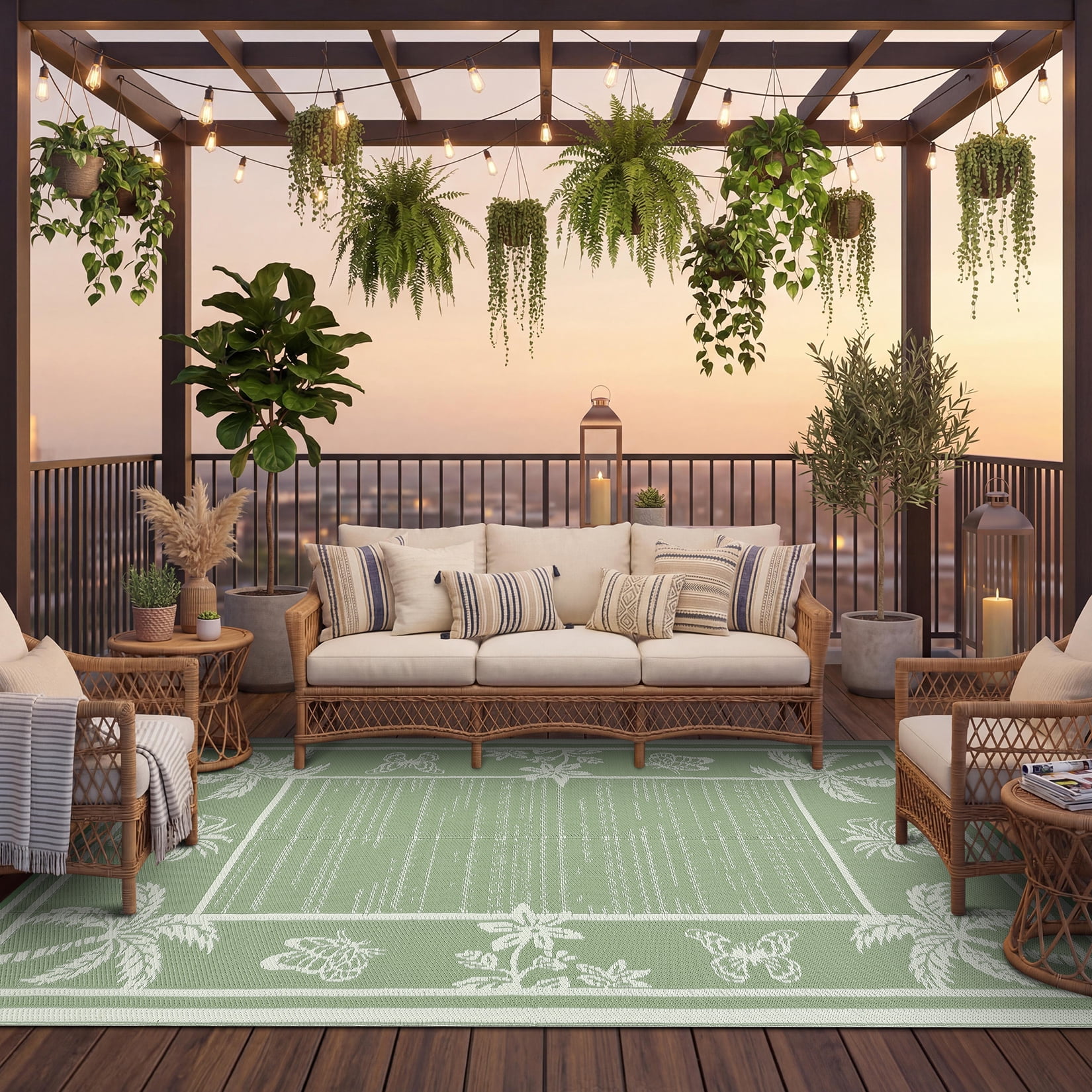 Garvee Outdoor Rug 9x12ft Waterproof Reversible Foldable Plastic Straw Rug, Tropical Leaf Border Outdoor Mat for Patio, Camping, RV, Deck, Porch, Balcony, Black Blue