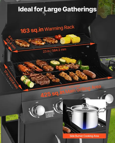4 Burner Propane Gas Grill with Side Burner 425 SQ In Grilling Area 52000 BTU Outdoor BBQ Grill Carbon Steel Enamel Grates Two Side Shelves Patio Garden