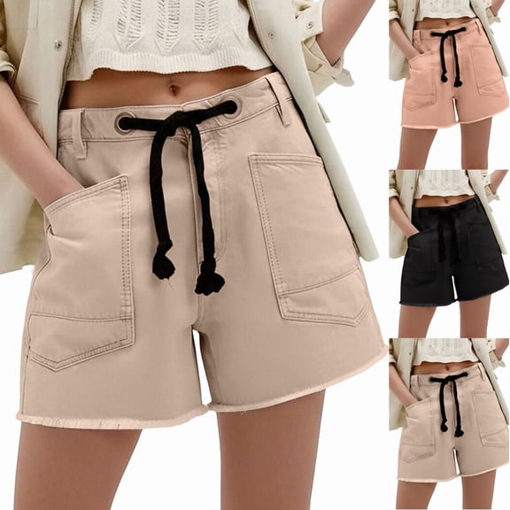YTCAMLO Cotton Womens Jean Shorts Summer Y2K Trendy Drawstring High Waisted Denim Shorts with Pockets Pull On Wide Leg Shorts