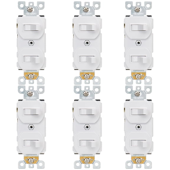 PLUHKN-6-Pack Double Toggle Light Switch,15 Amp 125V Two Single Pole Residential Grade,On/Off Electrical Wall Switch Self-grounding, Glossy White ETL Listed