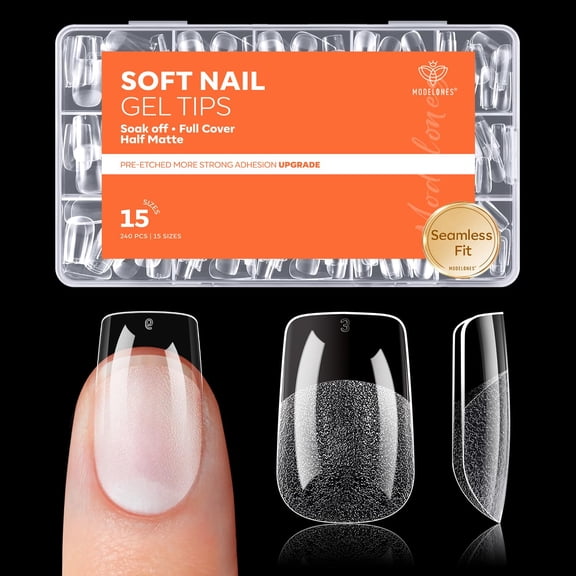 modelones Short Square Nail Tips, 240pcs Short Square Soft Gel Nail Tips for Full Cover Acrylic Extensions, Pre-Shaped 15 Sizes Press on Nails DIY Home or Professional Salon Use