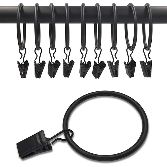 40 Pack Black Curtain Rings with Clips, Curtain Hooks Hangers Clip Rings for Hanging Drapes Bows Hat, Drapery Rings 1.77 in I D, Fits up to 1.5 in Diameter Curtain Rod.