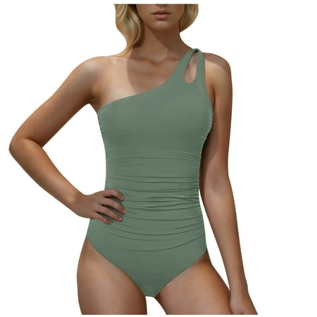 WNYEIME Women s Cutout One Shoulder Swimsuit Push-Up One-Piece Bikini Set Tummy Control Swimwear Solid Color Ruched Slimming High Waist Bathing Suit Mint Green XL