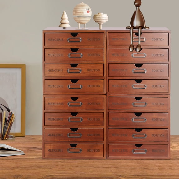 Vintage Drawer Organizer Stand, 4-Tier 16 Drawers Wooden Storage Case Brown