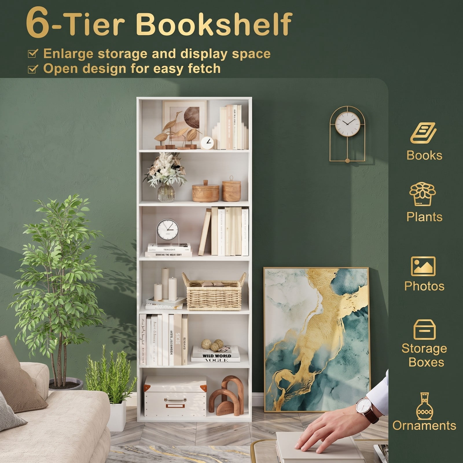 Furnibear 6-Tier Tall Bookcase with 6 Open Shelves, Freestanding Wood Bookshelf Storage Organizer with Anti-Toppling Kits for Living Room Study Home Office, White