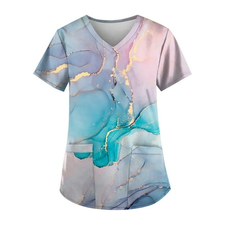 

Hanas Tops Plus Size Printed Scrub Working Uniform Tops For Women V-Neck Short Sleeve T-Shirts Workwear Tee With Pockets Sky Blue/XXXXL