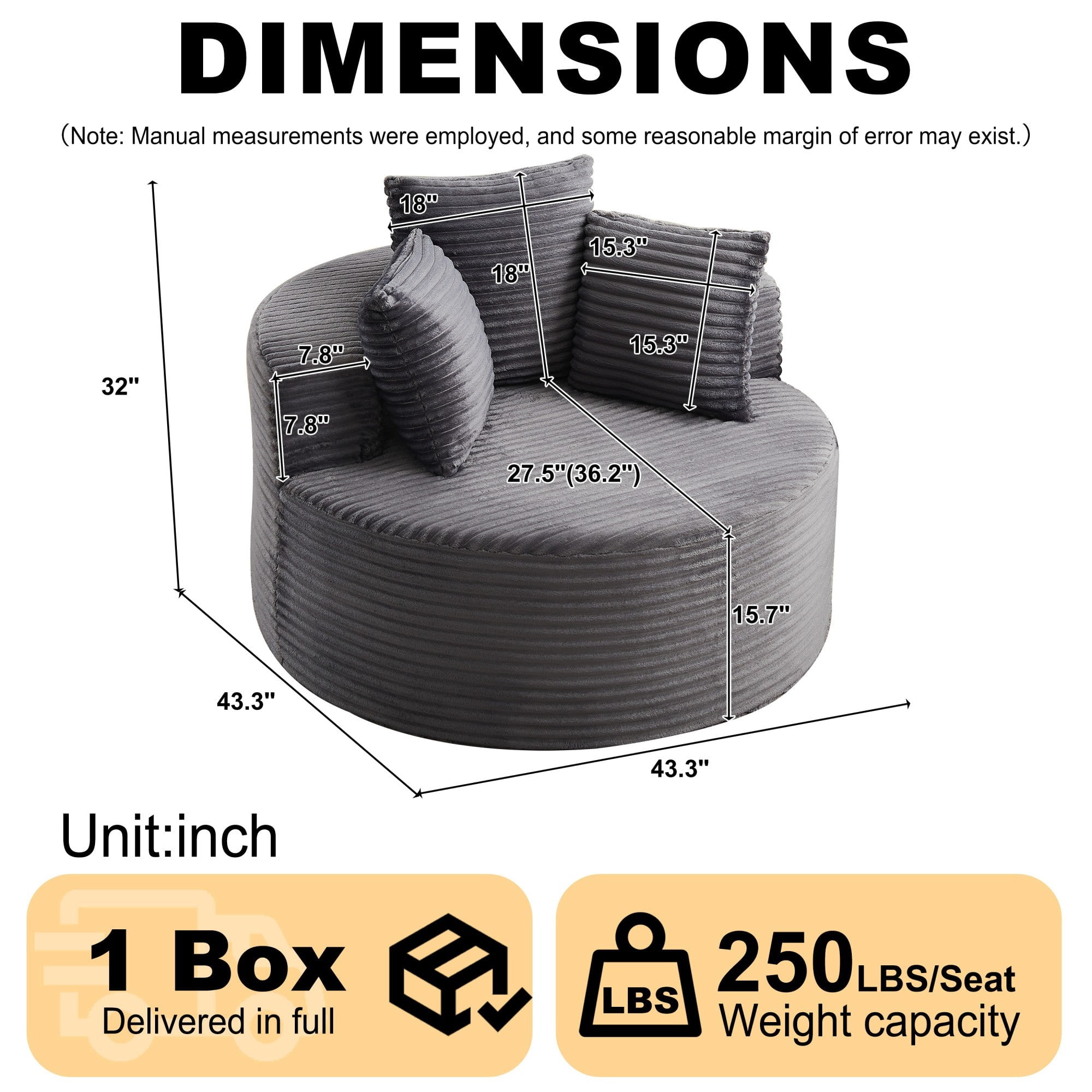 Sailvan 43" Round Corduroy Single Sofa Lounge Chair with 3 Pillows, Modern Minimalist Accent Chair for Bedroom, Living Room & Game Room Grey
