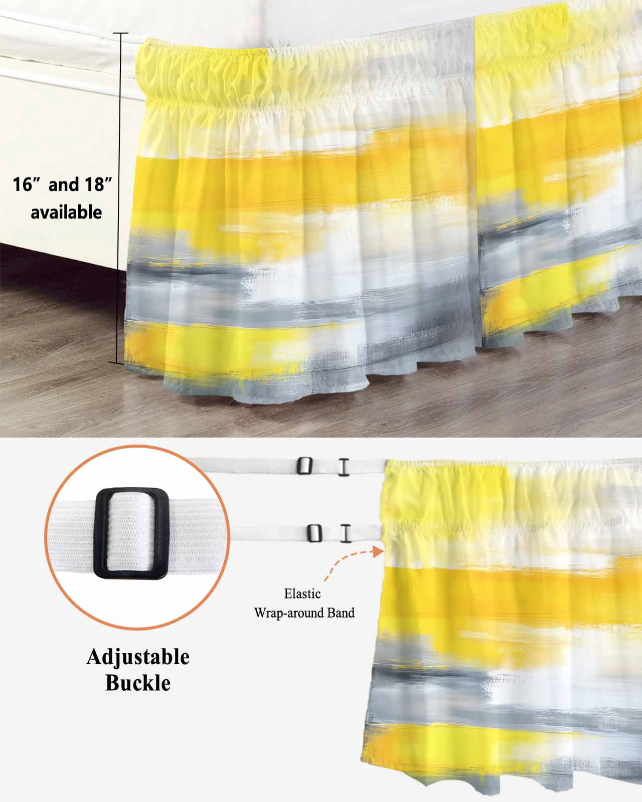 Yellow Gray Wrap Around Bed Skirts for Queen Bed 18" Drop,Bed Skirt with Adjustable Elastic Belt Dust Ruffle Bed Valance for Bedroom Hotel Contemporary Oil Painted Abstract Modern Bed Frame Cover