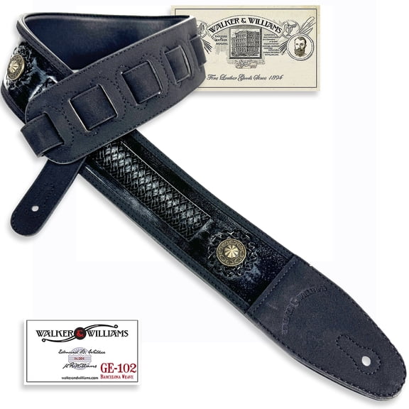 Walker & Williams GE-102 Antique Black Tooled Padded Strap with Brass Conchos