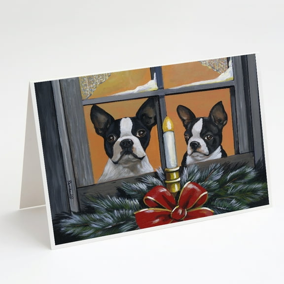 Boston Terrier Looking for Santa Christmas Greeting Cards and Envelopes Pack of 8