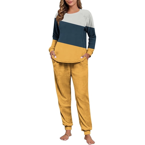 Maplenight Fleece Pajamas for Women Set Oversized Thermal Winter Sleepwear Color Block Long Sleeve Pjs and Joggers 2 Piece Lounge Sets