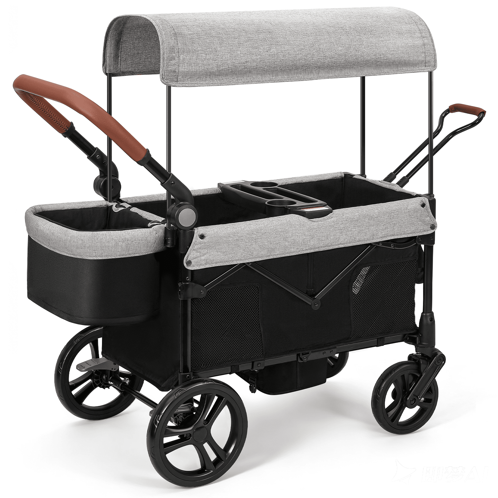 COFUNOK Stroller Wagon for 2 Kids, All-Terrain Foldable Kids Wagon Stroller with Removable Canopy, Mosquito Net, Snack Tray, Cup Holders & Storage Basket-Grey