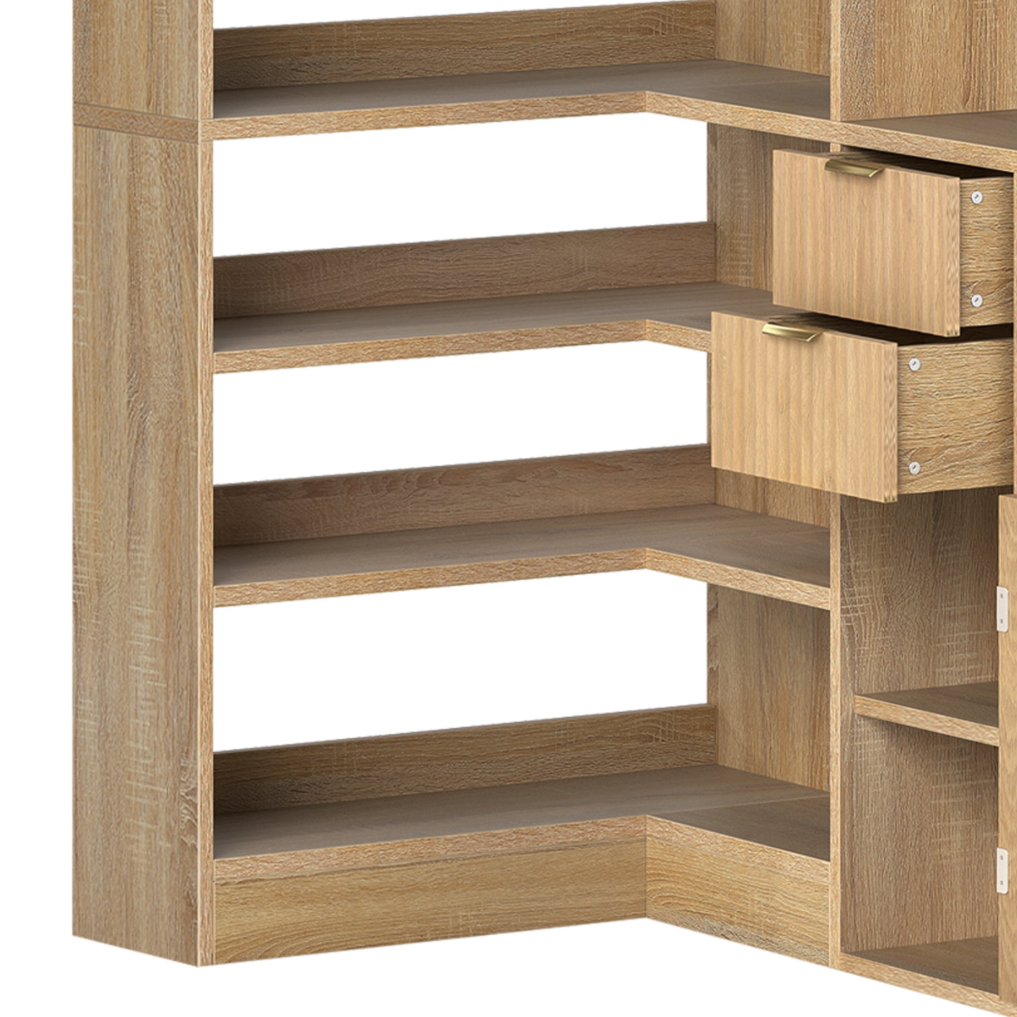 Uforic 6-Tier Corner Bookshelf with 2 Drawers, Modern Tall L Shape Bookcase with LED Light & Storage, Oak